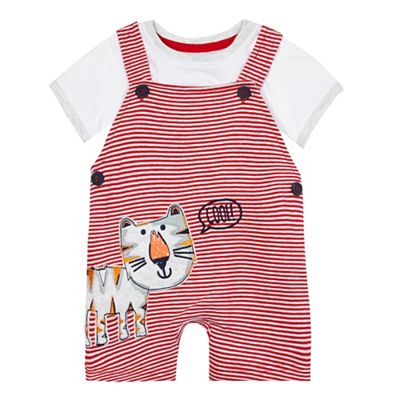 Baby boys' red striped tiger applique dungarees and white t-shirt set